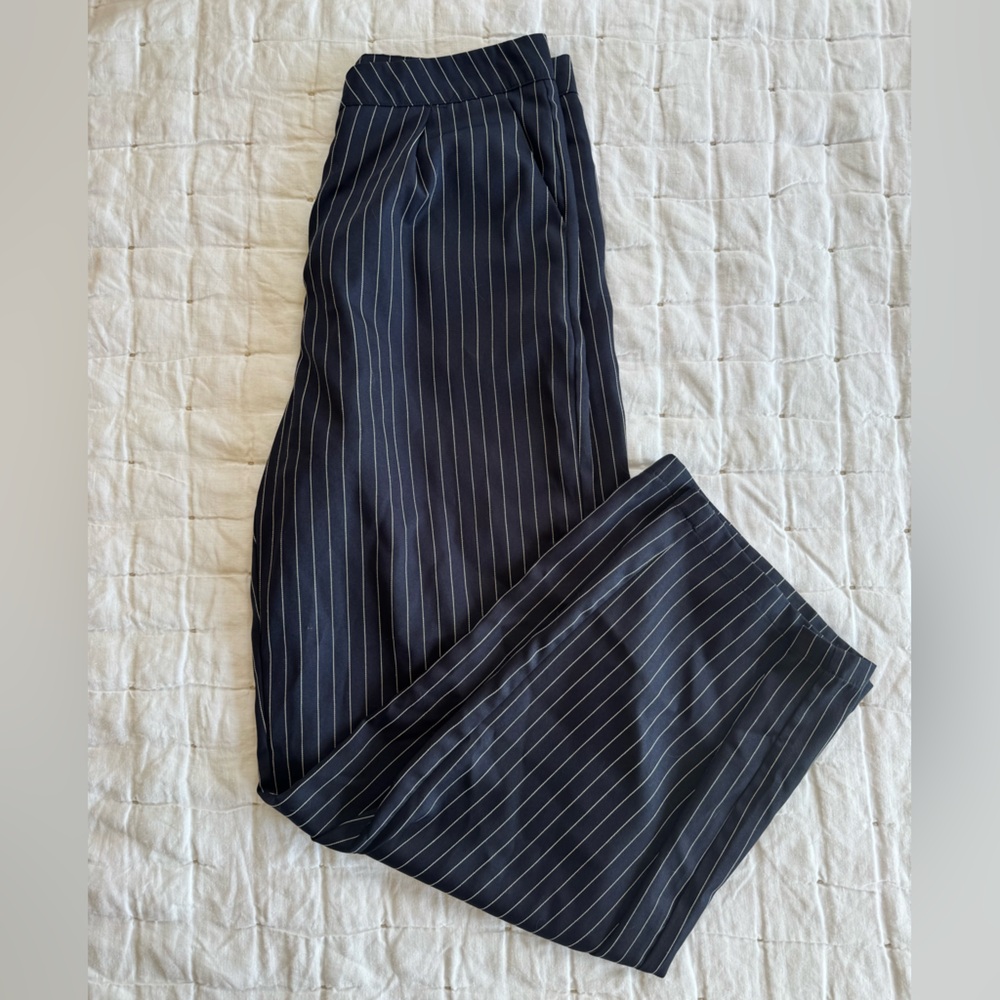 Pinstripe Wide Leg Trousers in Navy - Picture 8 of 8